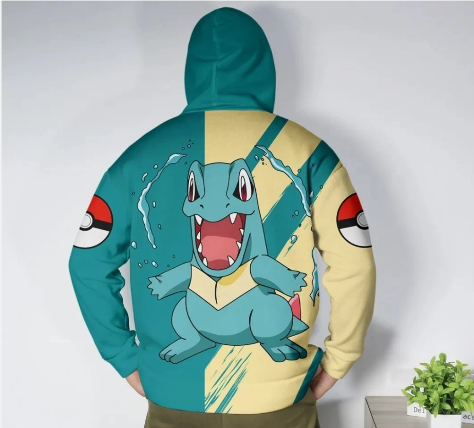 Totodile Hoodie, Cute Water Croc Hoodie, Blue and Cream Graphic Sweatshirt