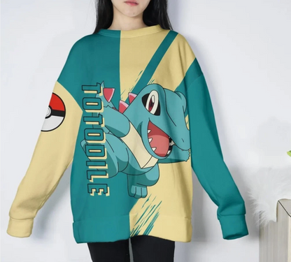 Totodile Hoodie, Cute Water Croc Hoodie, Blue and Cream Graphic Sweatshirt