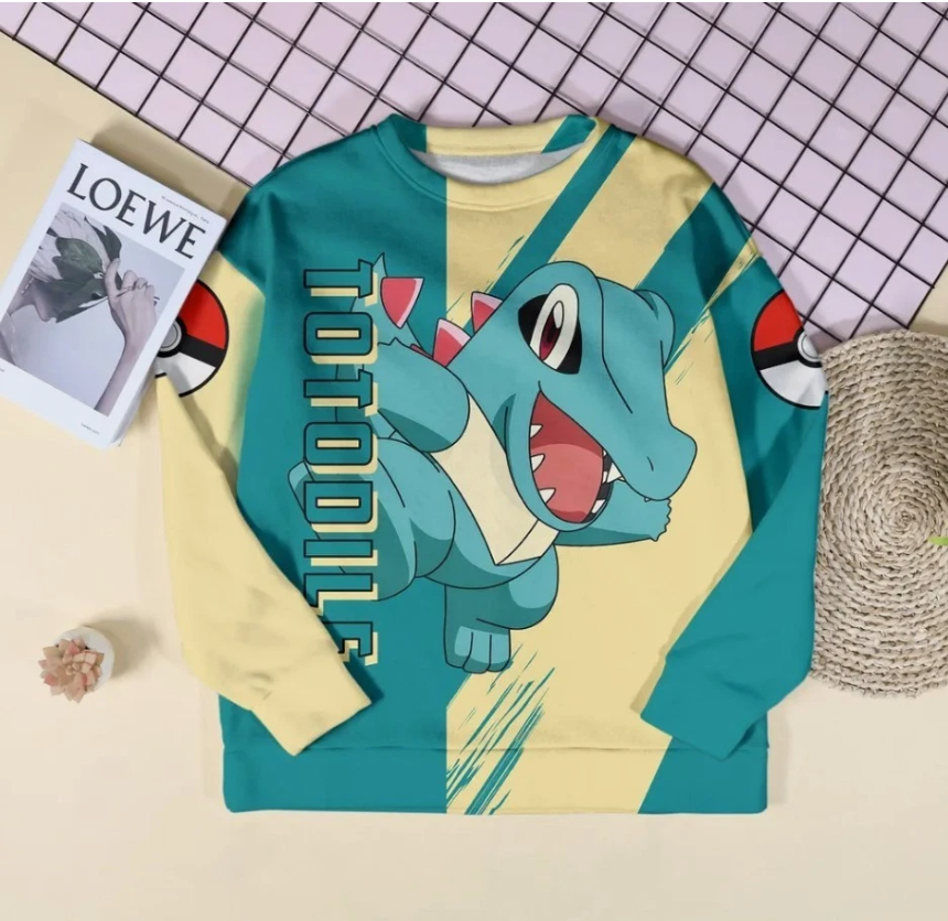 Totodile Hoodie, Cute Water Croc Hoodie, Blue and Cream Graphic Sweatshirt