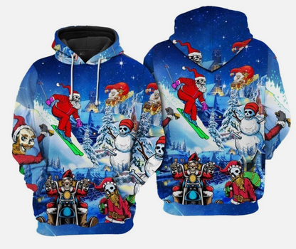 Christmas With Skull Pattern On Blue Unisex 3D Hoodie