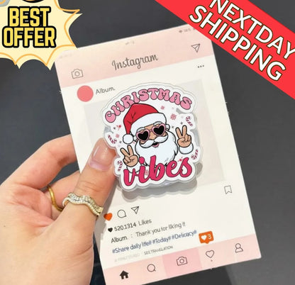 Christmas Vibes Santa Magnetic Phone Grip – Cute Holiday Kindle Grip, Pink Santa Peace Sign Holder, Festive Xmas Phone Accessory