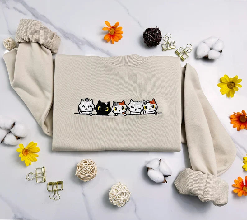 Embroidered Cat Family Sweatshirt