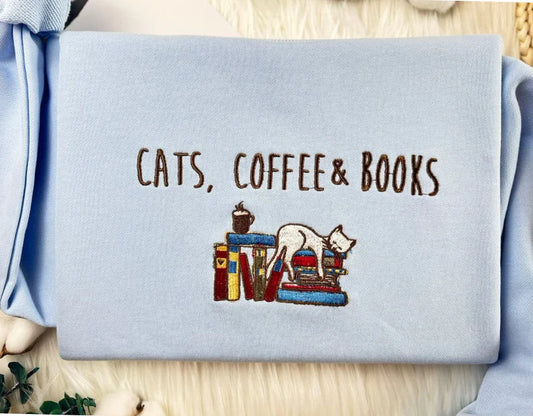 Embroidered Book Coffee and Cat Sweatshirt