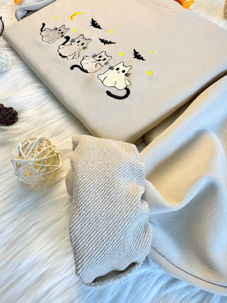 Embroidered Ghost Halloween Cat Sweatshirt