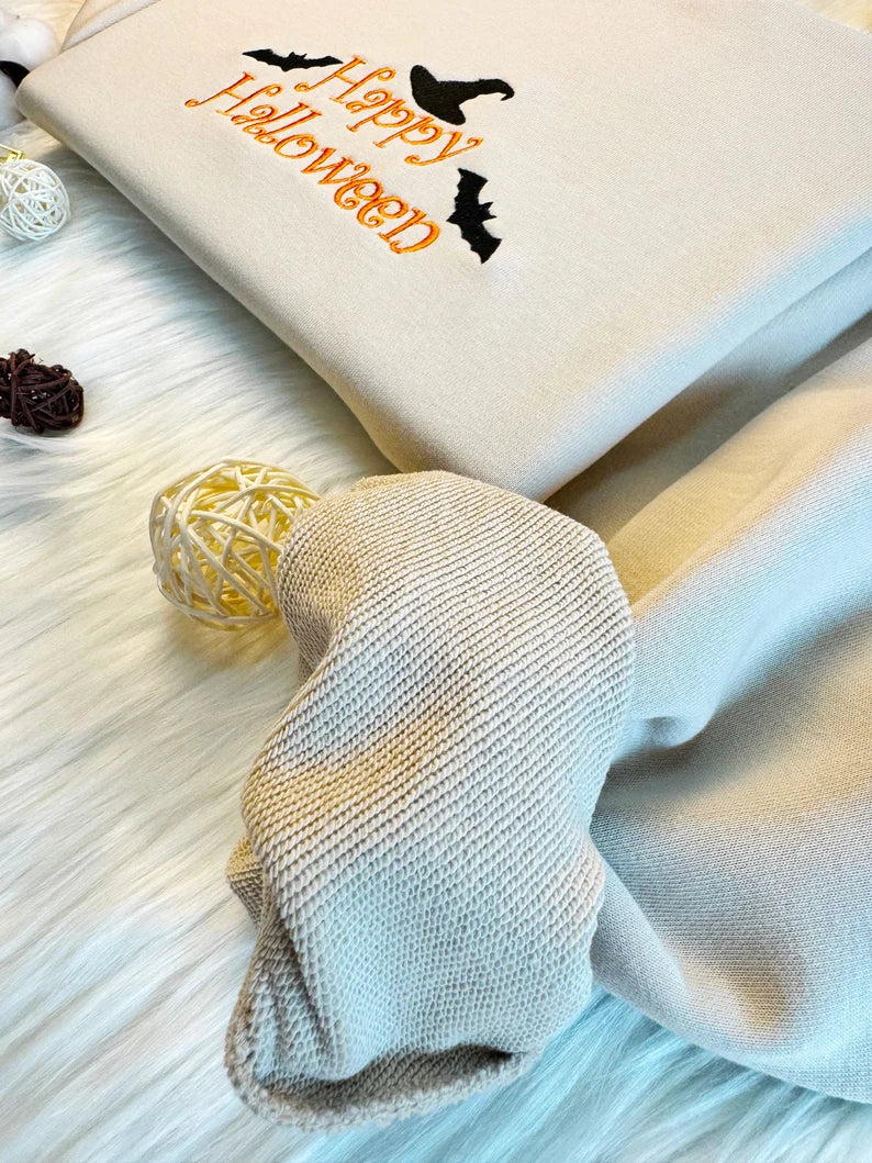 Embroidered Happy Halloween with Witch Hat Sweatshirt