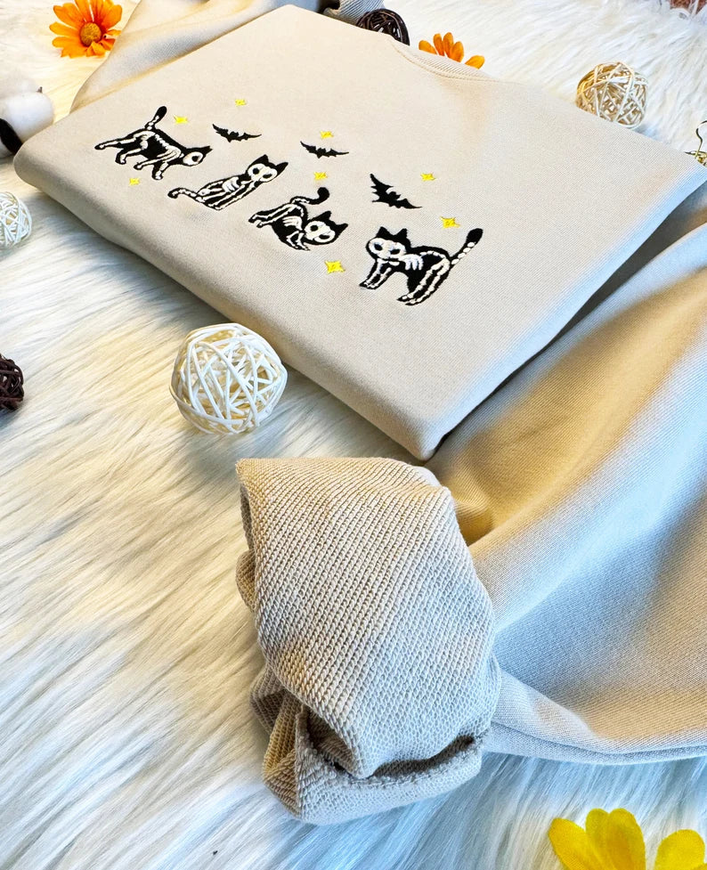 Halloween Skeleton Cat Embroidered Sweatshirt