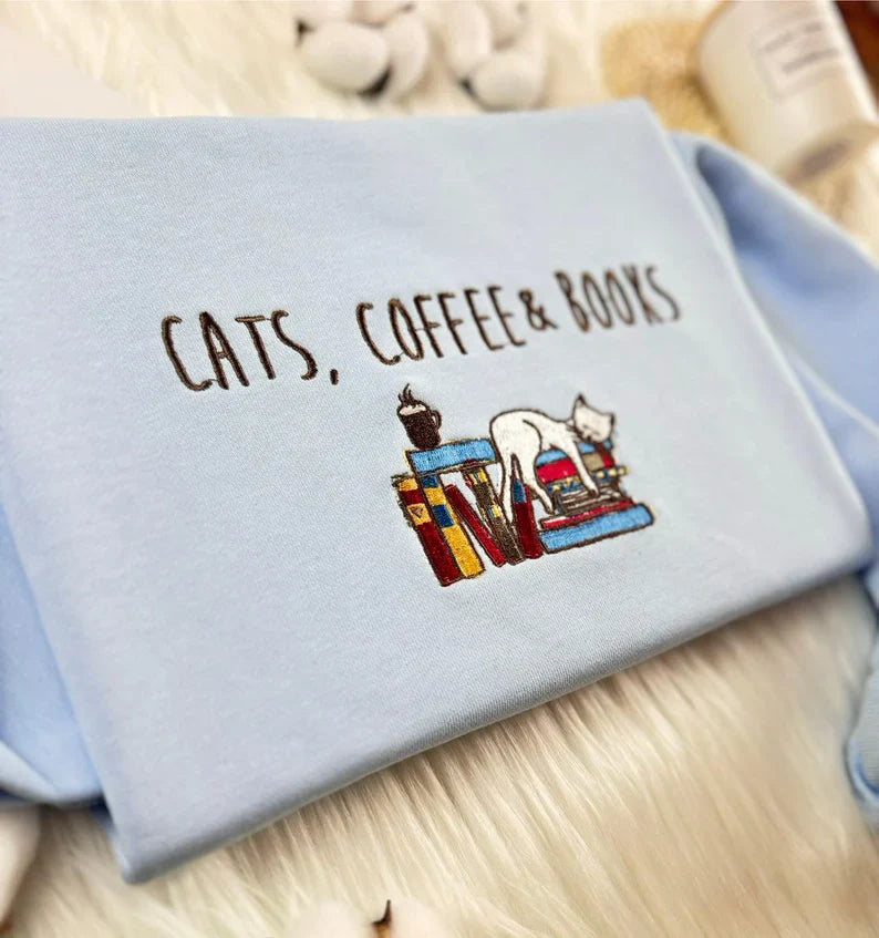 Embroidered Book Coffee and Cat Sweatshirt