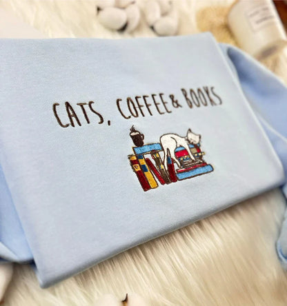 Embroidered Book Coffee and Cat Sweatshirt