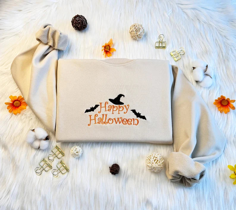 Embroidered Happy Halloween with Witch Hat Sweatshirt