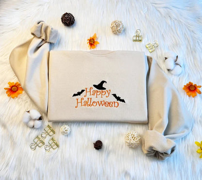 Embroidered Happy Halloween with Witch Hat Sweatshirt