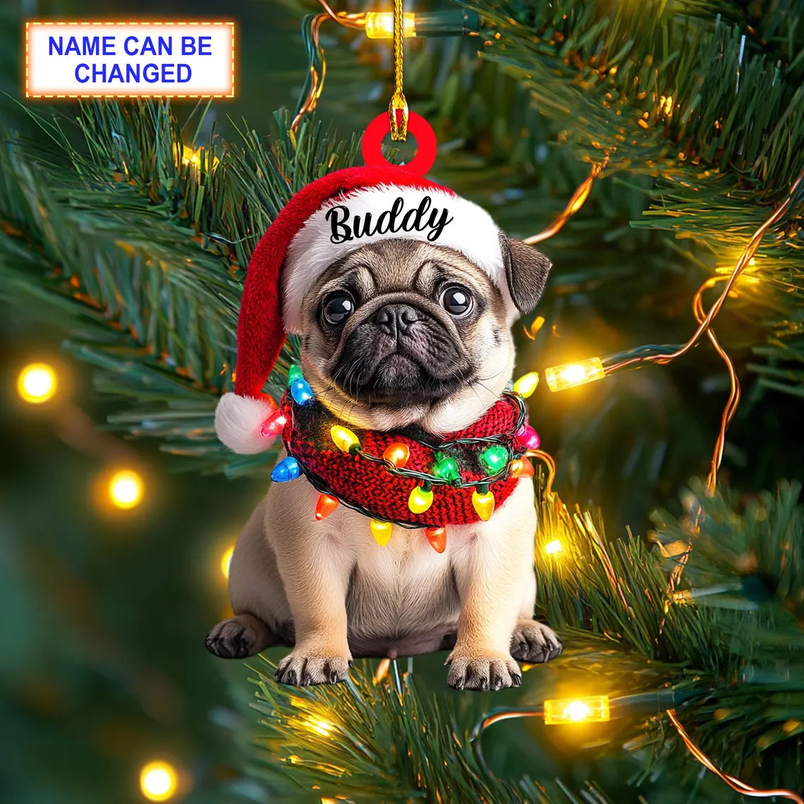 Custom Name Cute Sitting Pug Dog with Santa Hat Christmas Ornament, Christmas Tree Hanging Decor, Christmas Ornament, Flat 2D Ornament