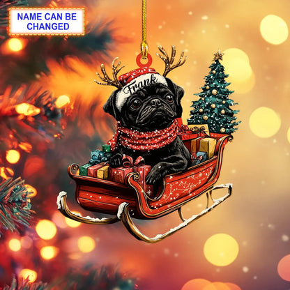 Custom Name Black Pug With Santa Hat Sitting On A Red Sleigh Ornament, Christmas Tree Hanging Decor, Christmas Ornament, Flat 2D Ornament