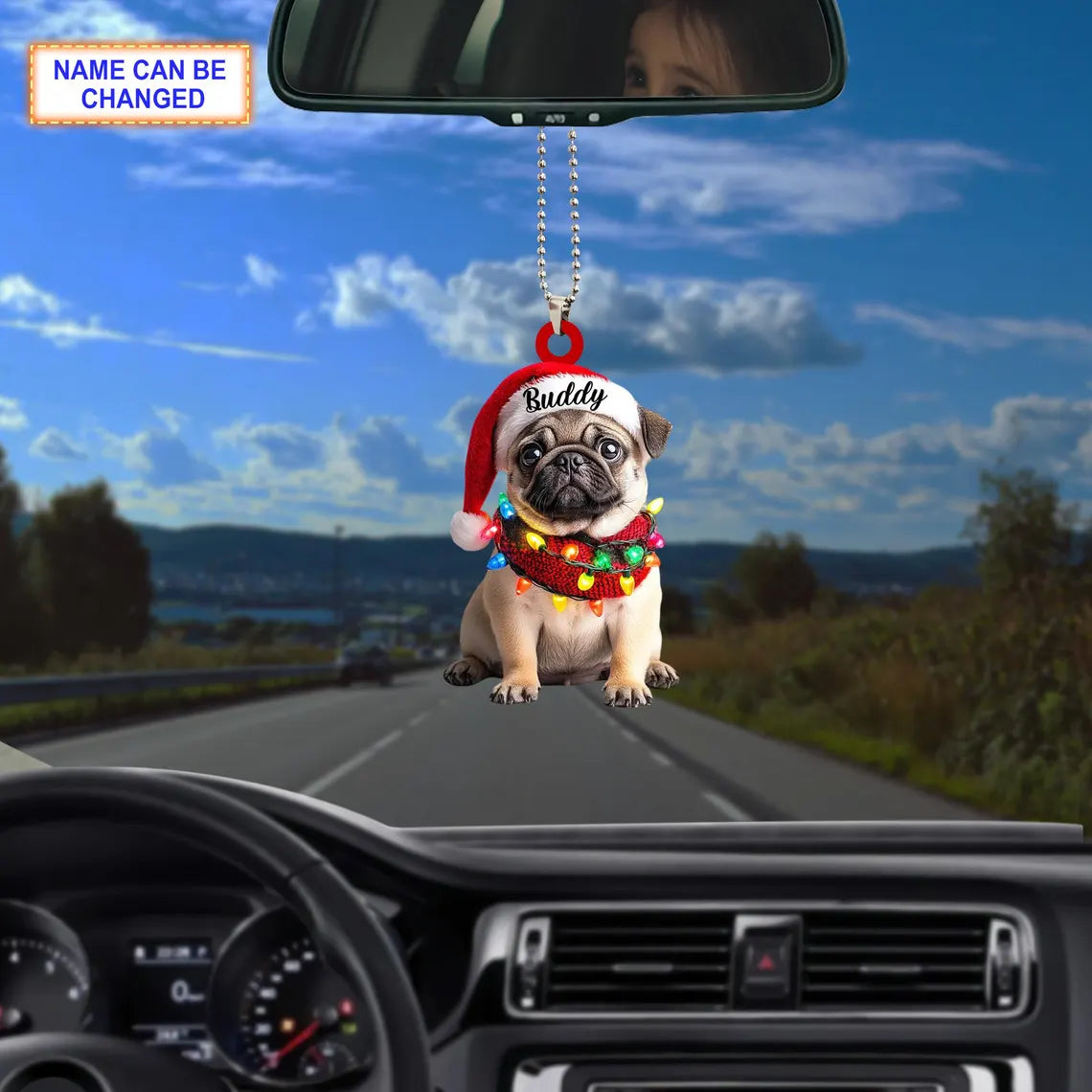 Custom Name Cute Sitting Pug Dog with Santa Hat Christmas Ornament, Christmas Tree Hanging Decor, Christmas Ornament, Flat 2D Ornament