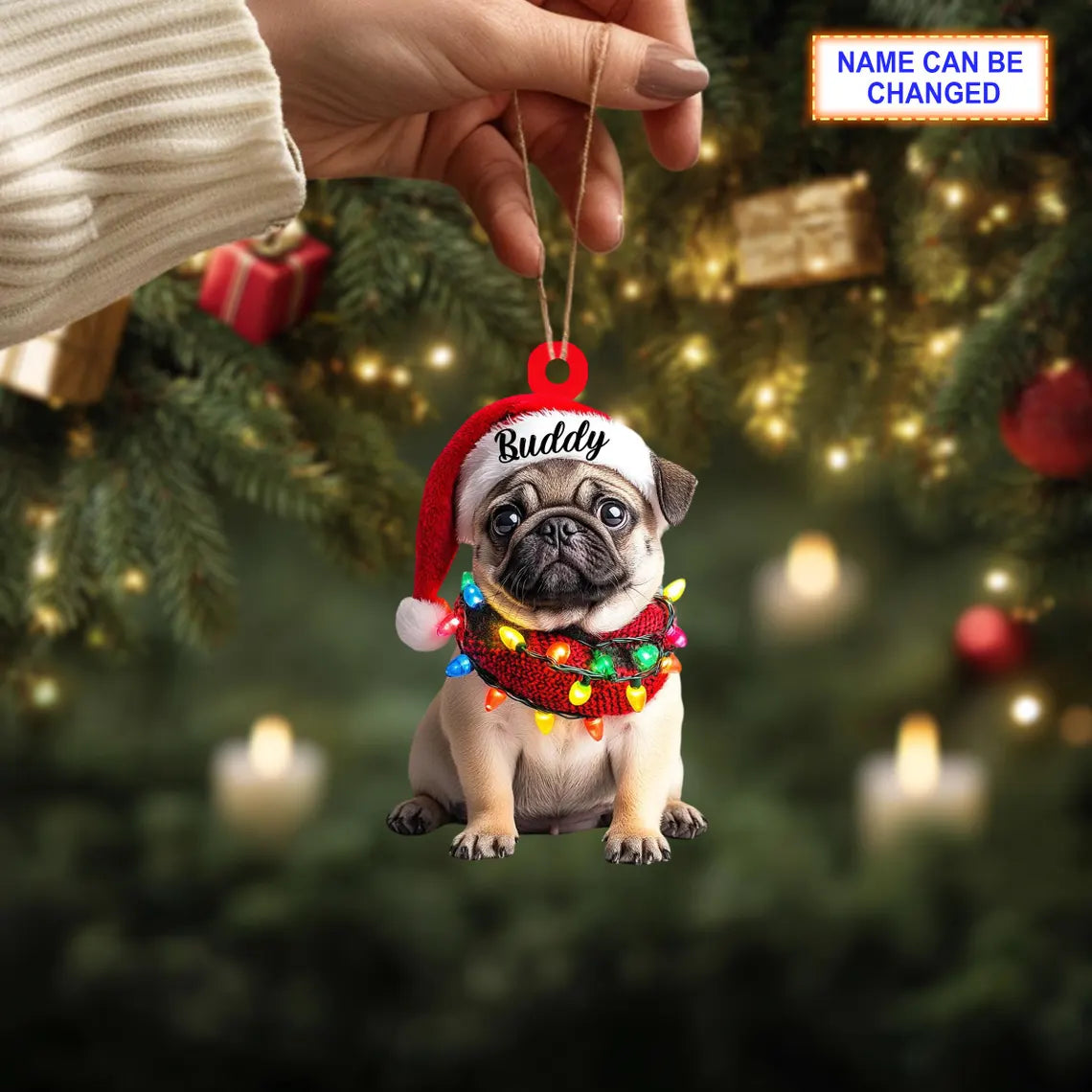 Custom Name Cute Sitting Pug Dog with Santa Hat Christmas Ornament, Christmas Tree Hanging Decor, Christmas Ornament, Flat 2D Ornament