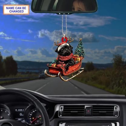 Custom Name Black Pug With Santa Hat Sitting On A Red Sleigh Ornament, Christmas Tree Hanging Decor, Christmas Ornament, Flat 2D Ornament