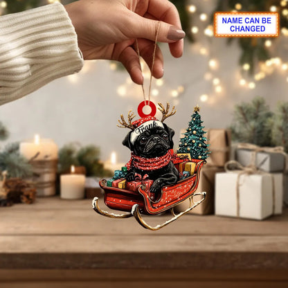 Custom Name Black Pug With Santa Hat Sitting On A Red Sleigh Ornament, Christmas Tree Hanging Decor, Christmas Ornament, Flat 2D Ornament