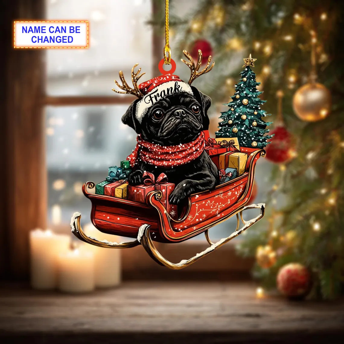 Custom Name Black Pug With Santa Hat Sitting On A Red Sleigh Ornament, Christmas Tree Hanging Decor, Christmas Ornament, Flat 2D Ornament
