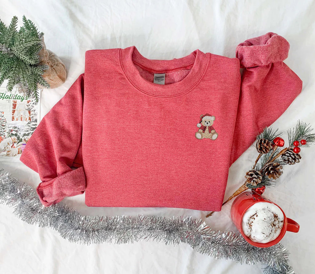 Vintage Christmas Bear Sweatshirt, Christmas Embroidered Sweatshirt, Embroidered Teddy Bear, Christmas Outfit, Dainty Christmas Sweatshirt