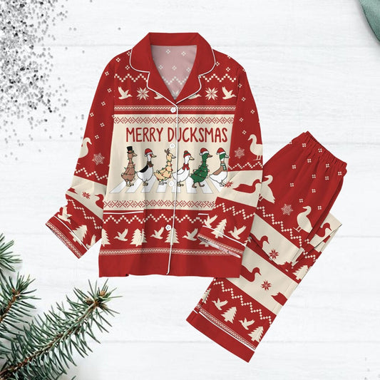 Duck Crossing Road Christmas Lights Pajamas, Merry Duckmas Pajamas Set, Farm Animal Holiday Pajamas, Santa Goose Shirt, Christmas Gift