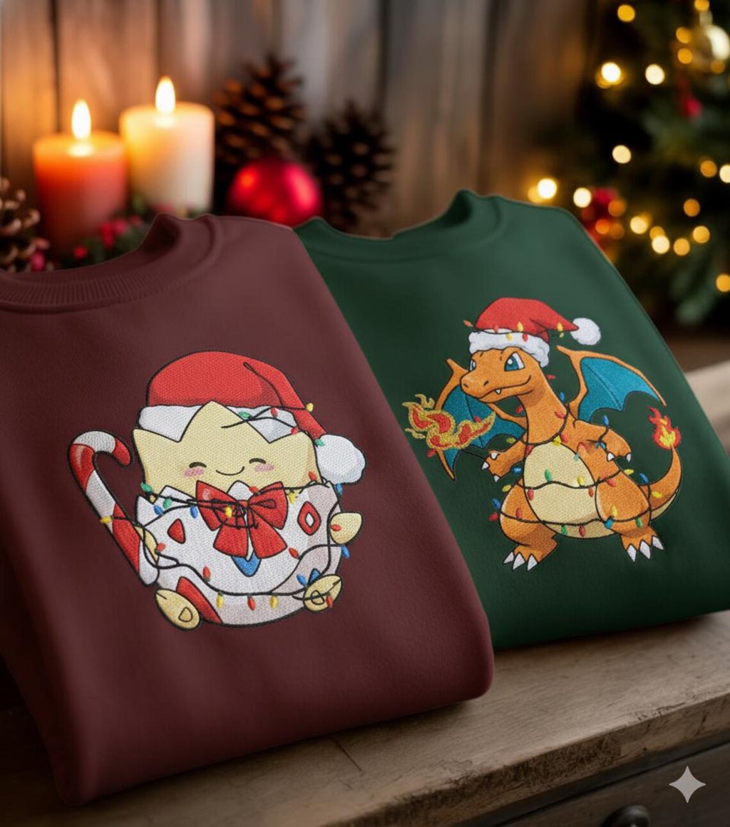 EMBROIDERED Anime Poke Christmas Sweatshirt, Couple Anime Holiday Sweater, Cozy Xmas Lights Crewneck, Matching Anime Outfit