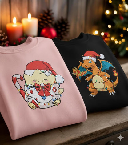 EMBROIDERED Anime Poke Christmas Sweatshirt, Couple Anime Holiday Sweater, Cozy Xmas Lights Crewneck, Matching Anime Outfit