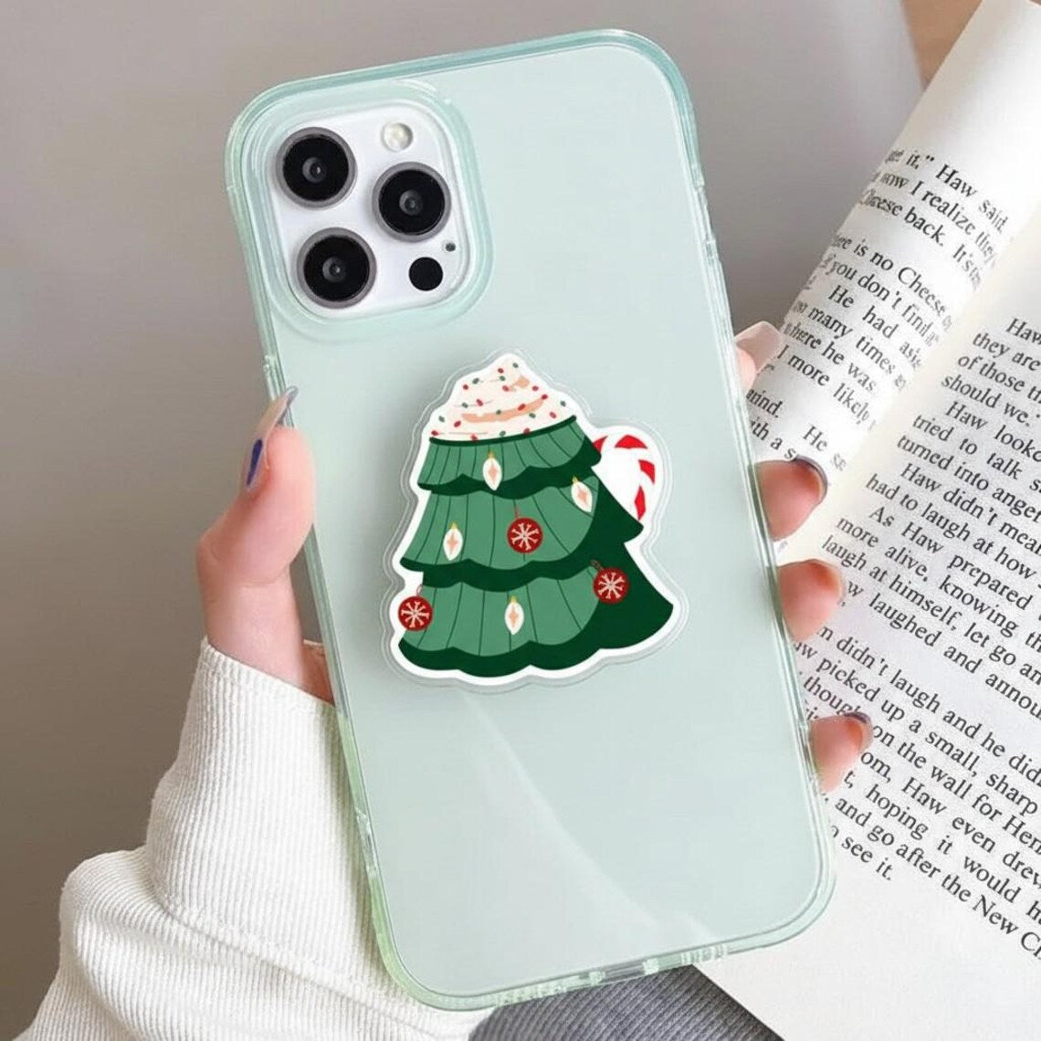 Christmas Tree Mug Magnetic Phone Grip: Festive Holiday Popgrip with Candy Cane & Ornaments, Pine Tree Phone Holder, Perfect Xmas Gift