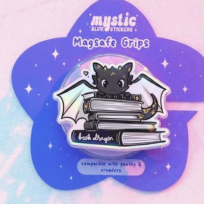 Book Dragon Magnetic Phone Holder : Cute Dragon on Stack of Books MagSafe Kindle Grip, Perfect Gift for Book Lovers, Phone grip