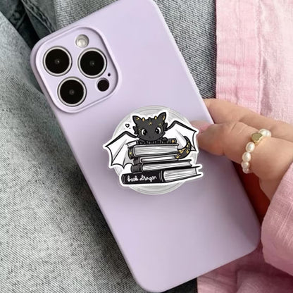 Book Dragon Magnetic Phone Holder : Cute Dragon on Stack of Books MagSafe Kindle Grip, Perfect Gift for Book Lovers, Phone grip