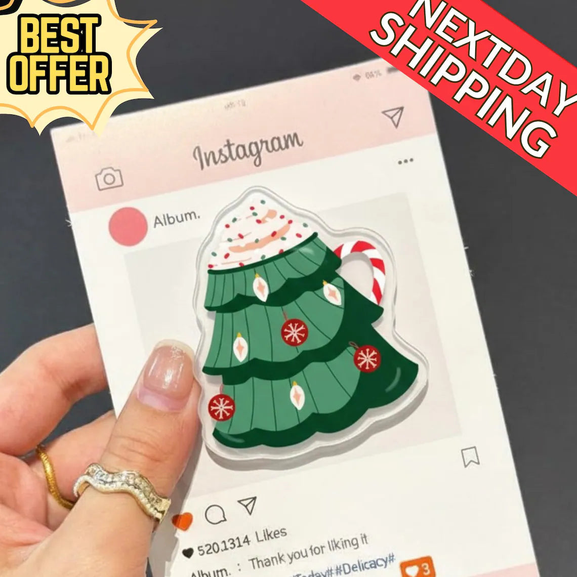 Christmas Tree Mug Magnetic Phone Grip: Festive Holiday Popgrip with Candy Cane & Ornaments, Pine Tree Phone Holder, Perfect Xmas Gift