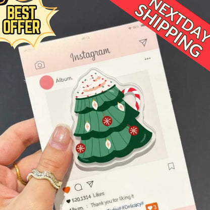 Christmas Tree Mug Magnetic Phone Grip: Festive Holiday Popgrip with Candy Cane & Ornaments, Pine Tree Phone Holder, Perfect Xmas Gift
