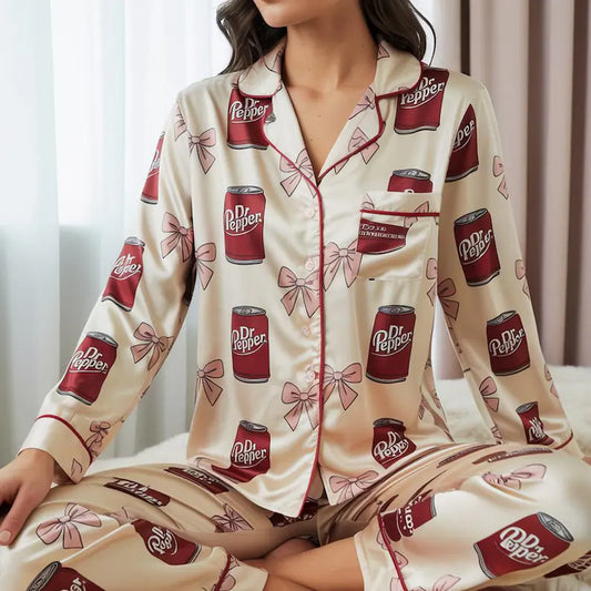 Coquette Dr Pepper Satin Pajamas Set, Dr Pepper Soda Lover Pajamas, Drinks Lover Loungewear, Diet Pepper Sleepwear, Gift for Dr Pepper Lover