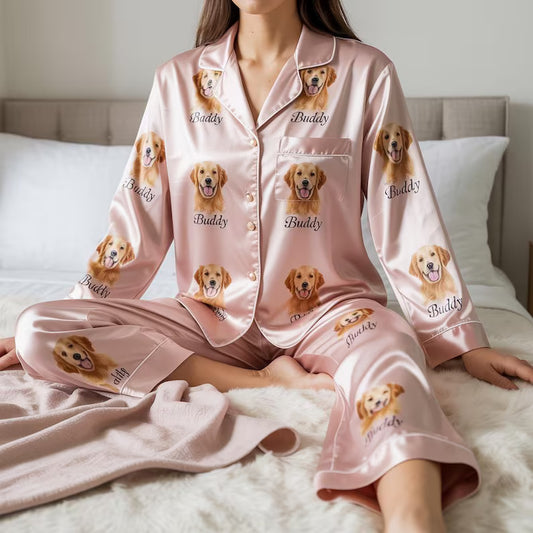 Custom Photo & Name Pet Satin Pajamas Set, Personalized Dog Face Sleepwear, Matching Family Pajamas, Custom Pet Face Pajama, Cat Face Pajama
