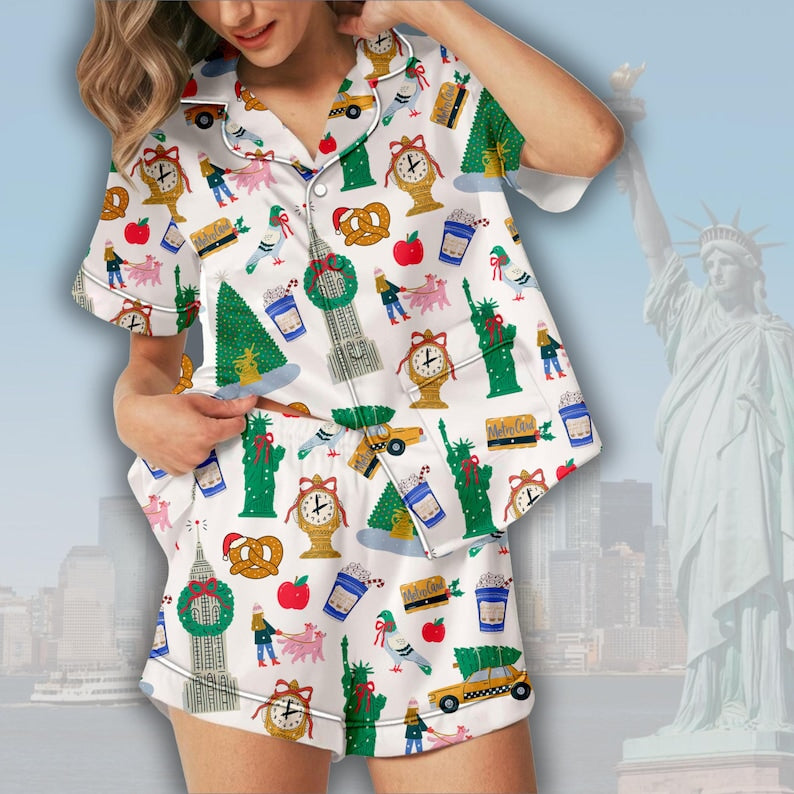 Women's Christmas In New York Satin Pajama Set, Christmas Sleepwear Gifts Nightwear Pajama Satin, In New York Nightwear Set for Her Pajama