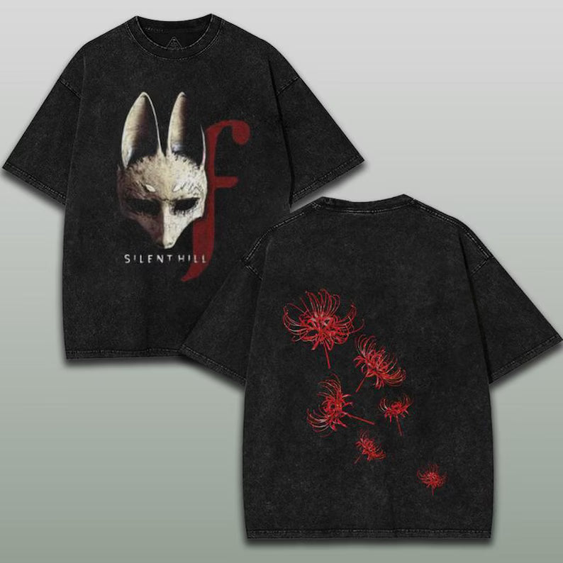 Fox Mask Silent Hill F Shirt, Horror Survival Game 2 Sided Shirt, Tsuneki Kotoyuki, Washed T-Shirt