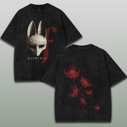 Fox Mask Silent Hill F Shirt, Horror Survival Game 2 Sided Shirt, Tsuneki Kotoyuki, Washed T-Shirt