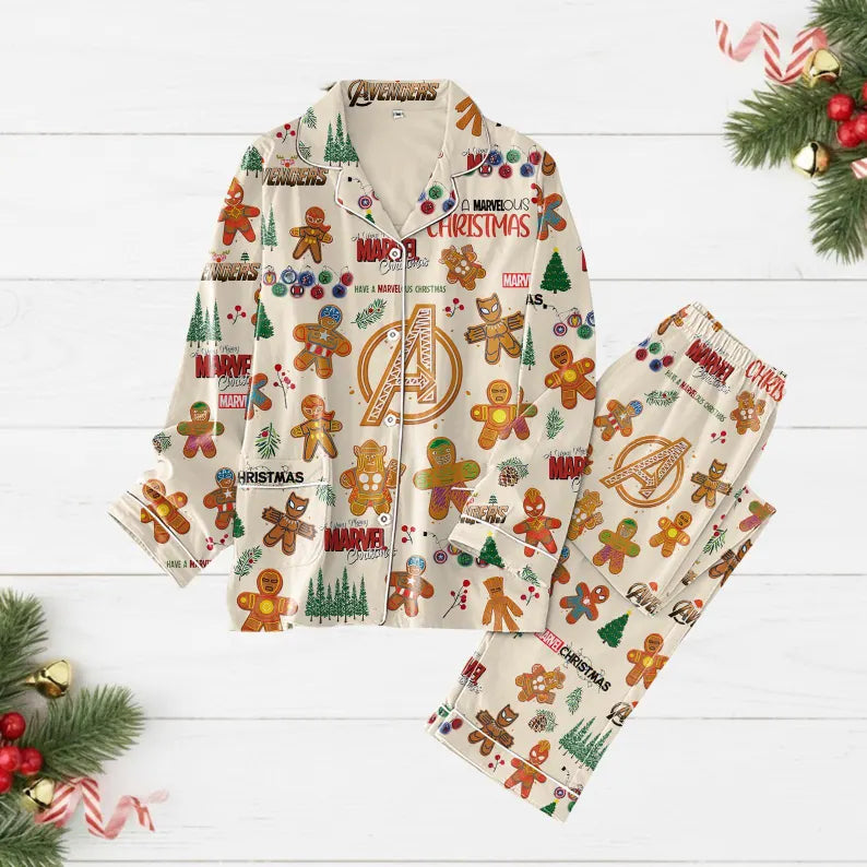 Avengers Christmas Pajamas Set, Spiderman Women Pajamas, Marvel Gingerbread Shirt, Superhero Family Matching Pjs, Mcu Xmas Tee