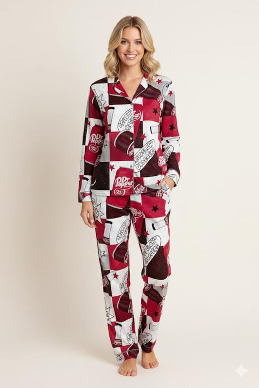 Dr Pepper Satin Pajamas Set, Retro Soda Print Pajamas, Dr Pepper Lover Sleepwear, Vintage Soda Coquette Pajama Set, Unisex Loungewear PSJ700