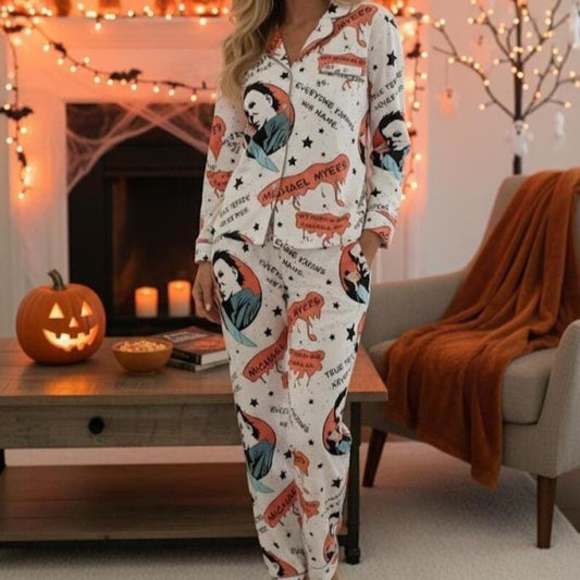 Michael Myers Comic Pajama Set, Halloween Horror Satin Sleepwear, Slasher Villain Long Sleeve PJs, Spooky Scary Movie Loungewear Gift PSJ704