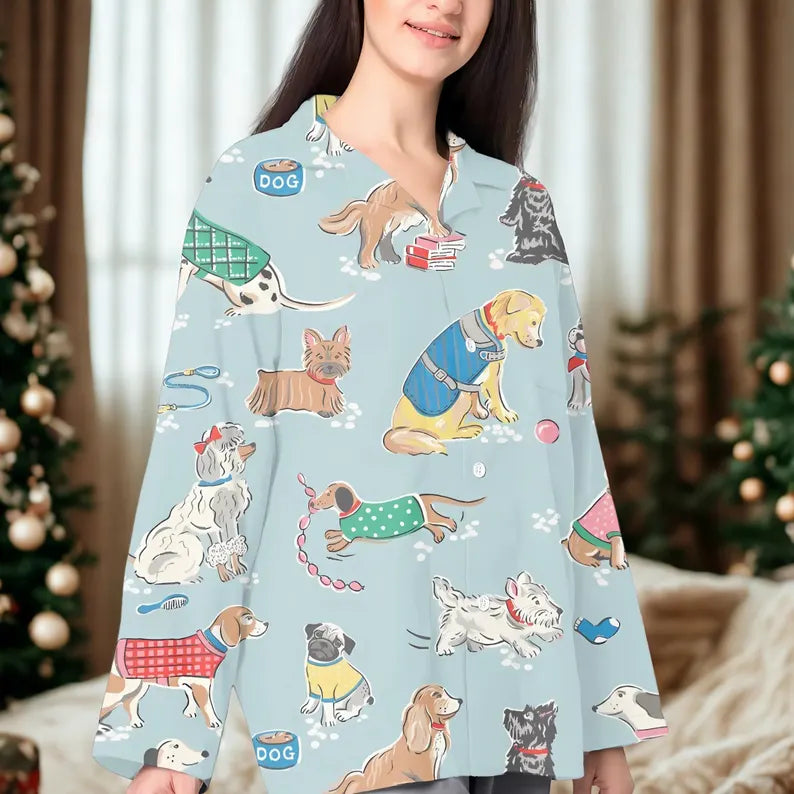 Dog Pajama Set, Festive Puppy Print PJs, Dog Mom Gift