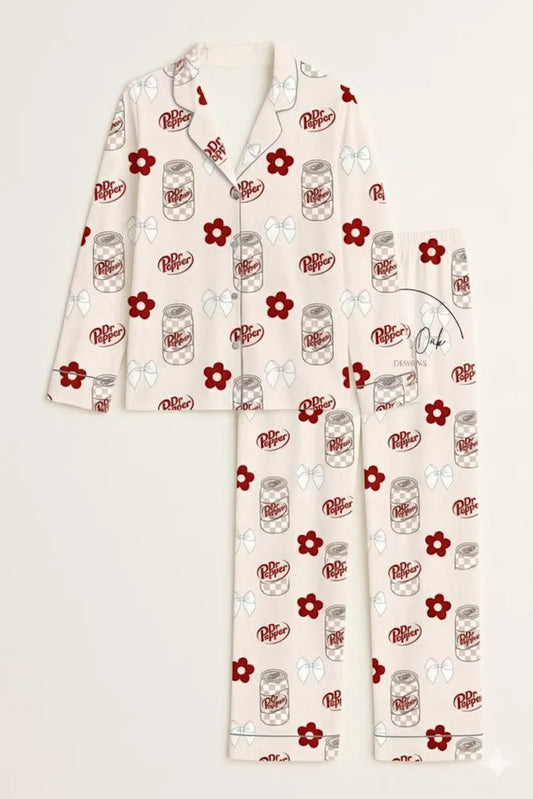White Dr Pepper Pajamas Set, Cute Soda Can PJs, Retro Coquette Loungewear, Women's Novelty Drink Print Sleepwear, Gift for Soda Lover PSJ714