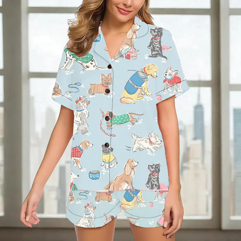 Dog Pajama Set, Festive Puppy Print PJs, Dog Mom Gift