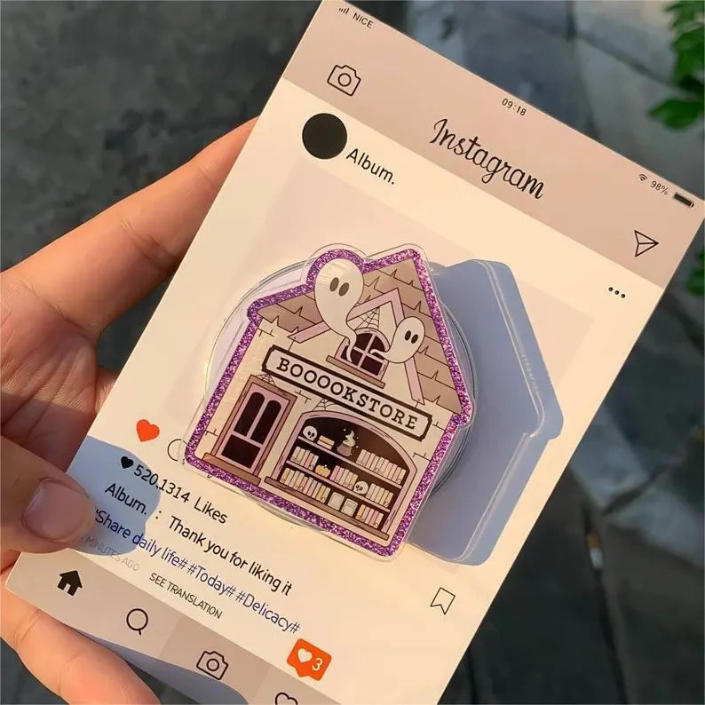 Haunted Bookstore MagSafe Phone Grip: Halloween Bookish Magnetic Phone Holder, Ghost Bookstore Phone Stand, Fall Book Lover Gift