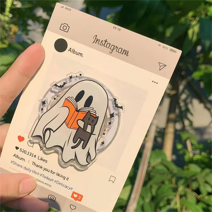 Ghost Holding Book and Cat MagSafe Phone Grip: Halloween Cute Bookish Ghost with Cat Griptok, Spooky Magnetic Phone Holder
