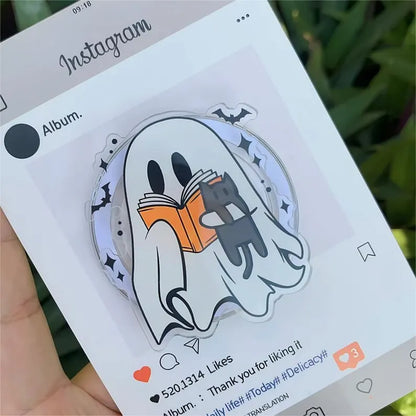 Ghost Holding Book and Cat MagSafe Phone Grip: Halloween Cute Bookish Ghost with Cat Griptok, Spooky Magnetic Phone Holder