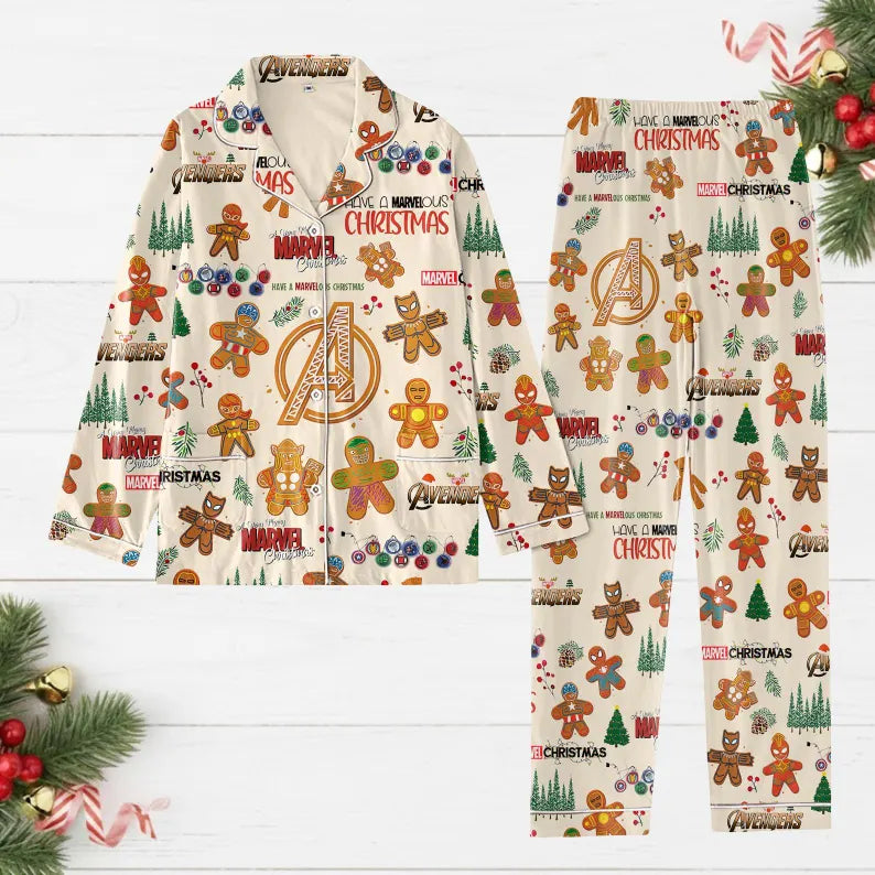 Avengers Christmas Pajamas Set, Spiderman Women Pajamas, Marvel Gingerbread Shirt, Superhero Family Matching Pjs, Mcu Xmas Tee