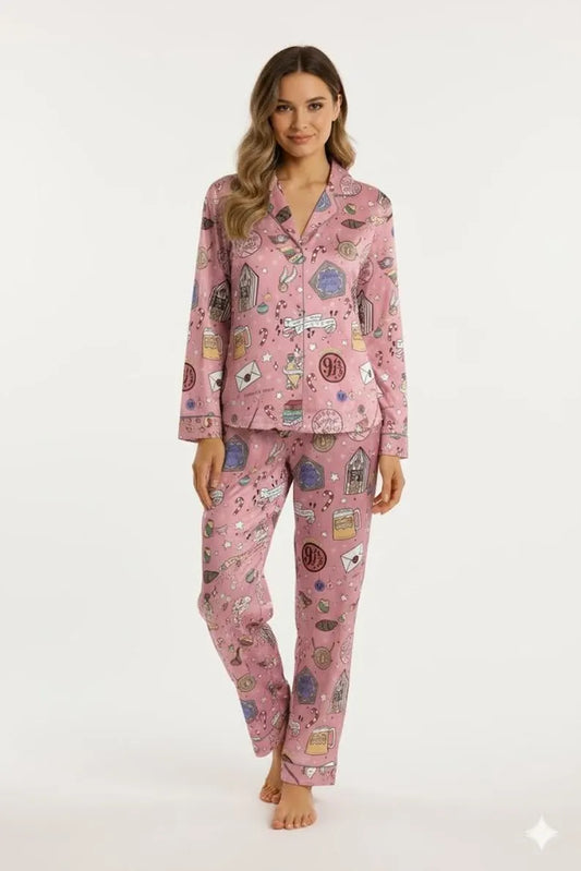 Wizard Treats Pink Pajama Set – Cozy Magic-Inspired Sleepwear with Crests & Wands Pattern, HP Book Lover Gift Gift for Her PSJ1140