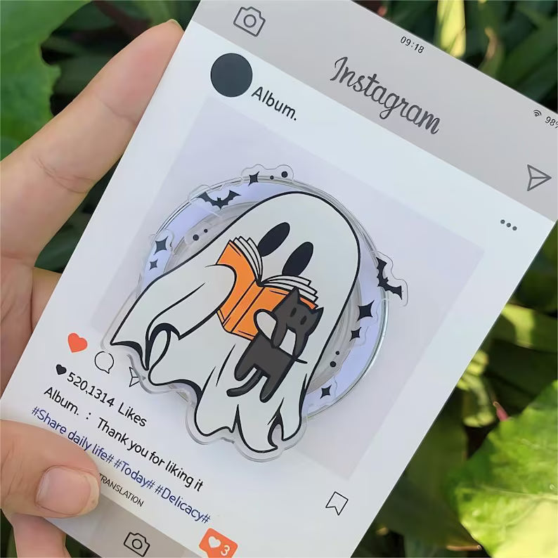 Ghost Holding Book and Cat MagSafe Phone Grip: Halloween Cute Bookish Ghost with Cat Griptok, Spooky Magnetic Phone Holder