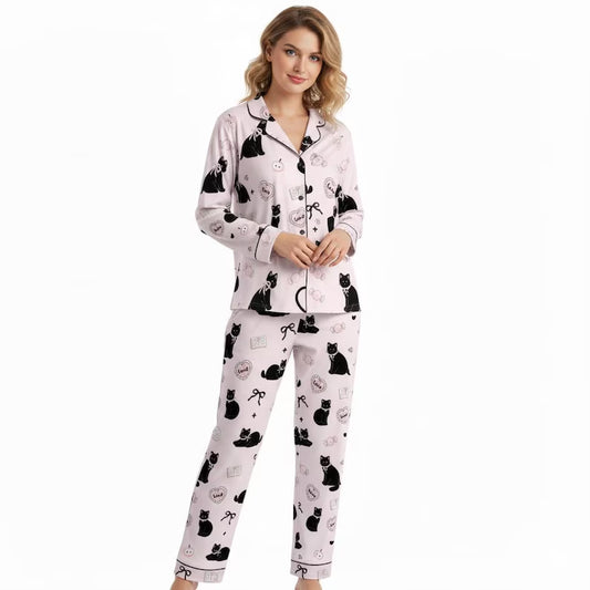 Black Cat Pajama Set, Love Sleepwear, Santa Pjs, Cat Lover Loungewear, Valentine Pajamas, Anniversary Gift for Her, Cat Lover Gift PSJ1058