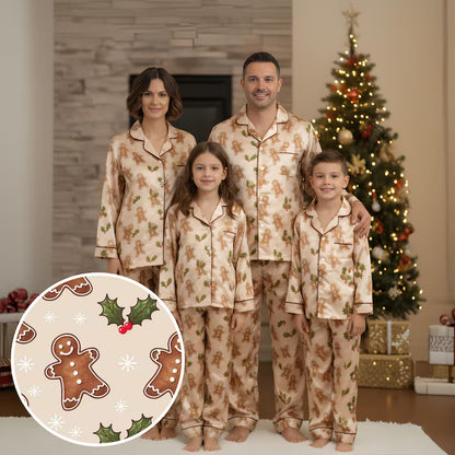 Matching Family Gingerbread Satin Pajamas, Personalized Christmas PJs for Family, Holiday Satin Sleepwear Set, Custom Gingerbread Pajama Set