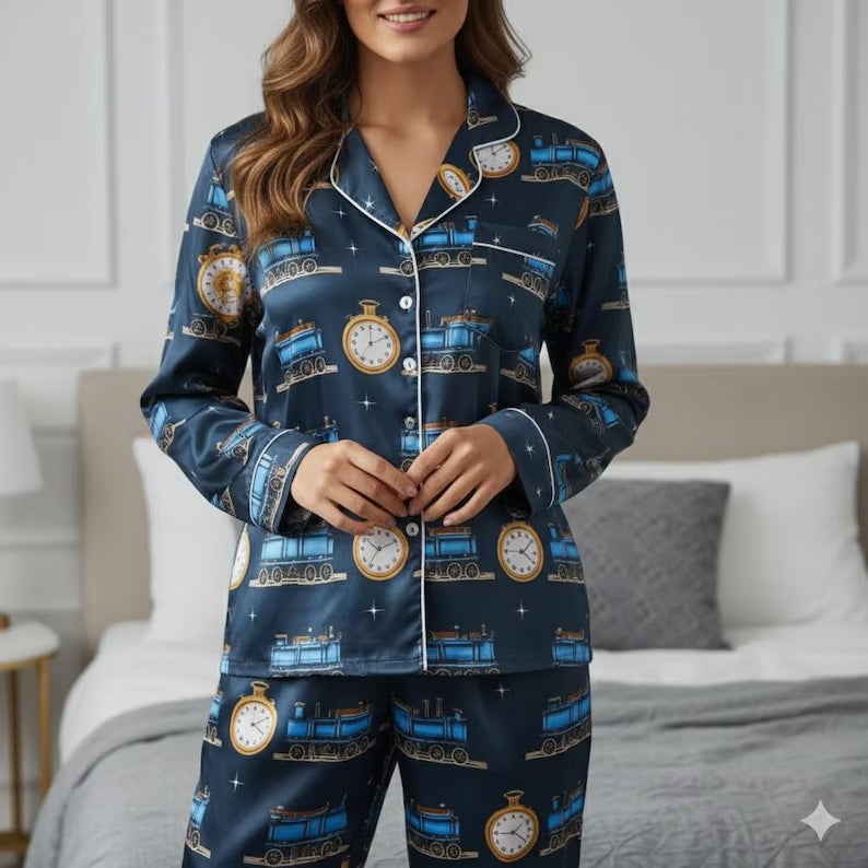 Po-lar Express Satin Pajamas Set, Christmas Pajamas, Christmas Family Matching Pajamas, Christmas Party Pajama, Believe Train Xmas Sleepwear